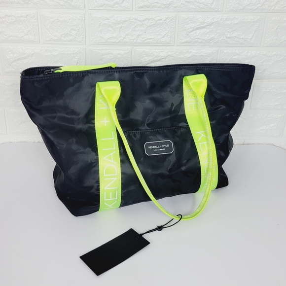 Kendall + Kylie Black Camo Neon Yellow  Stripe Tote Bag - Picture 4 of 10